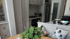 A dining area with a wooden table, four metal chairs, and a potted plant.
