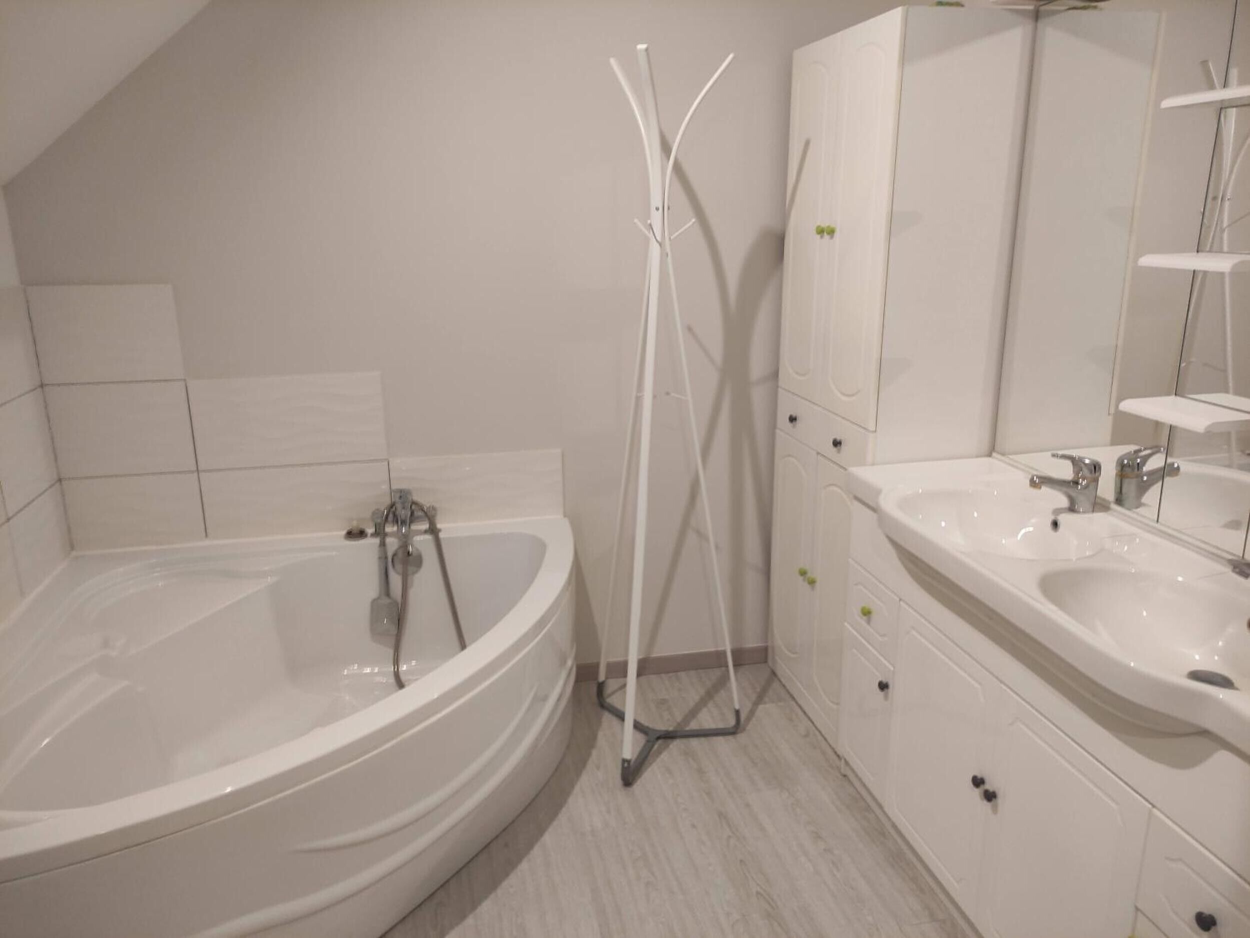 Un bagno moderno con una vasca freestanding, una doccia a ingresso libero e un doppio lavabo.