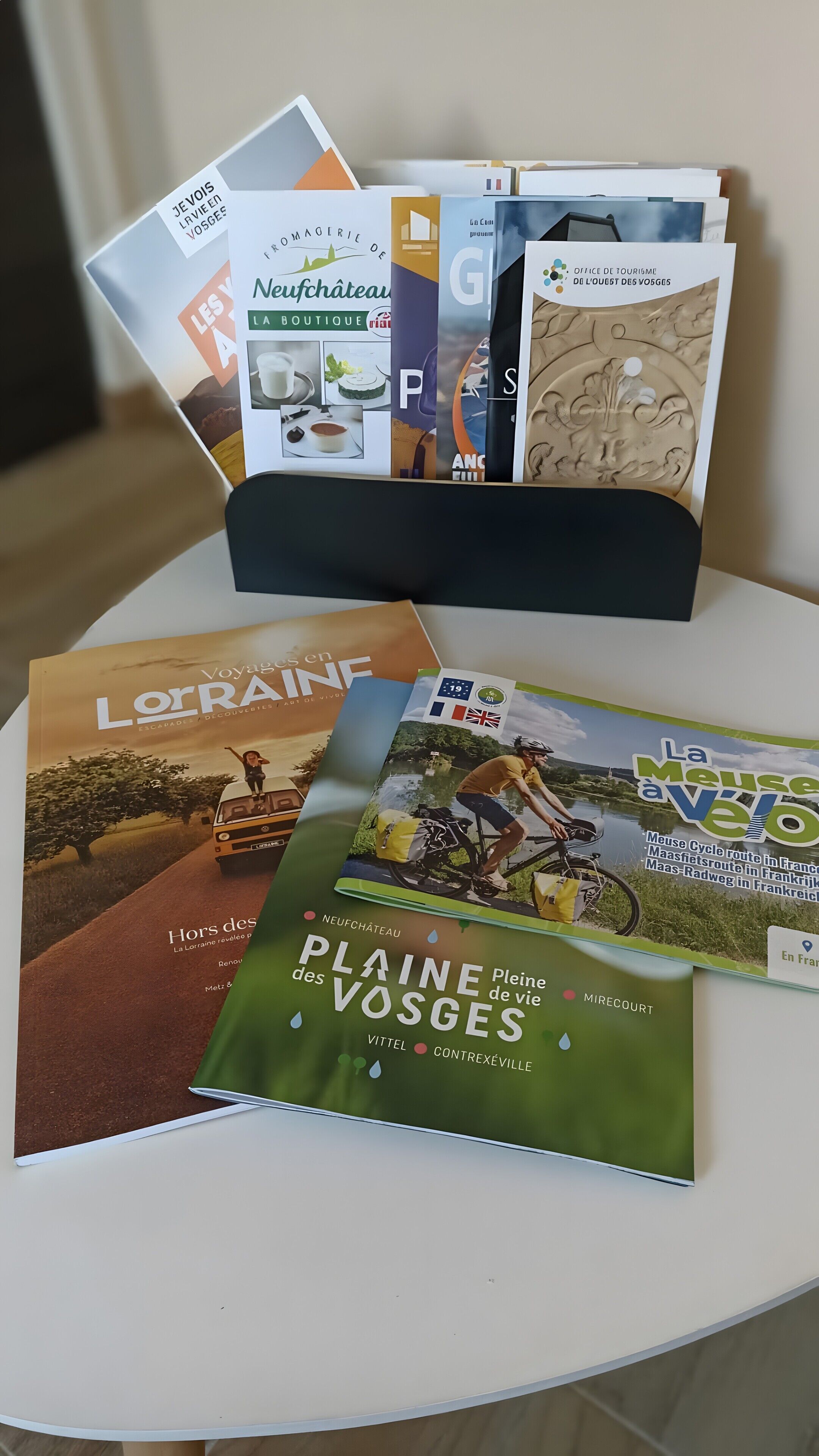 A table with brochures and a folder.