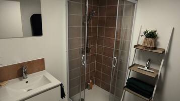 A modern bathroom with a glass-enclosed shower, a white sink, and a mirror above it.