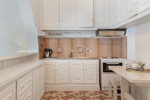 Fridge, oven, stovetop, cookware/dishes/utensils