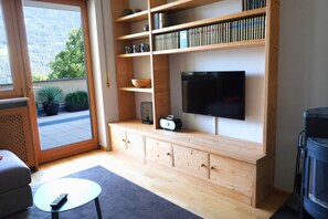 テレビ、暖炉、書庫