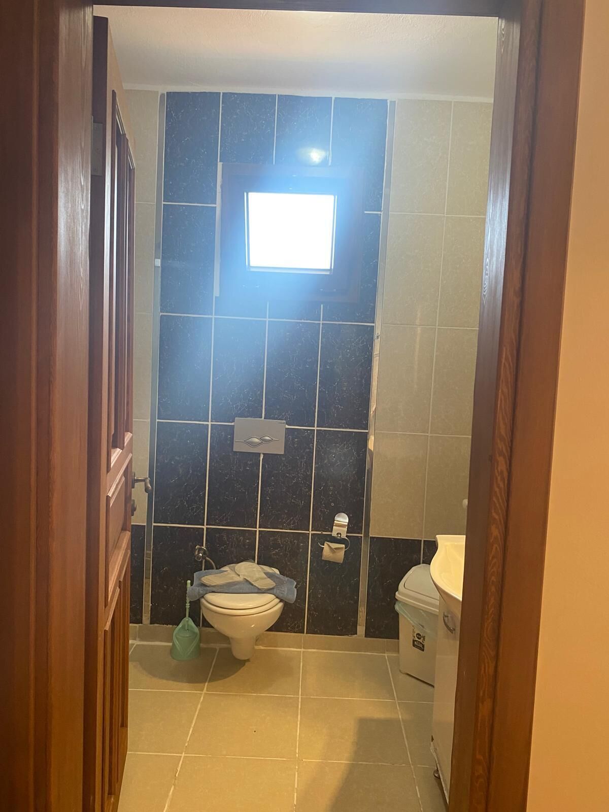 Pieni kylpyhuone, jossa on wc, pesuallas ja ikkuna.