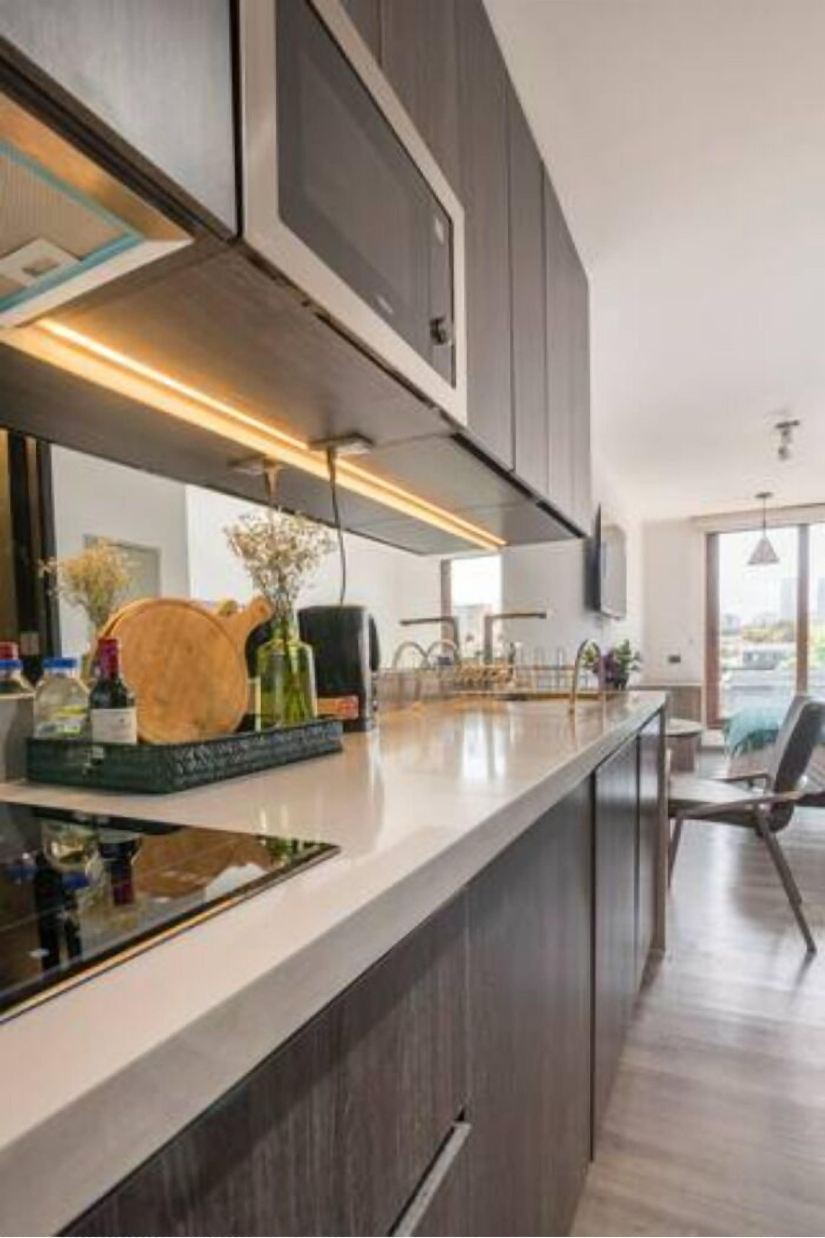 Standaard appartement, uitzicht op de stad | Privékitchenette | Een koelkast, een microgolfoven, een kookplaat, een waterkoker