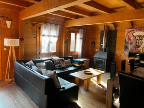 Télévision, cheminée, lecteur de DVD, chaîne hi-fi