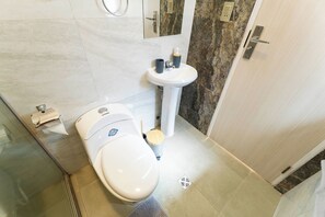 Shower, towels, soap, toilet paper