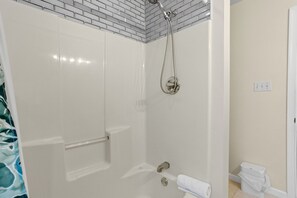 Hair dryer, towels, soap, shampoo