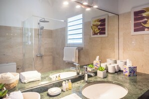 Shower, hair dryer, towels, soap