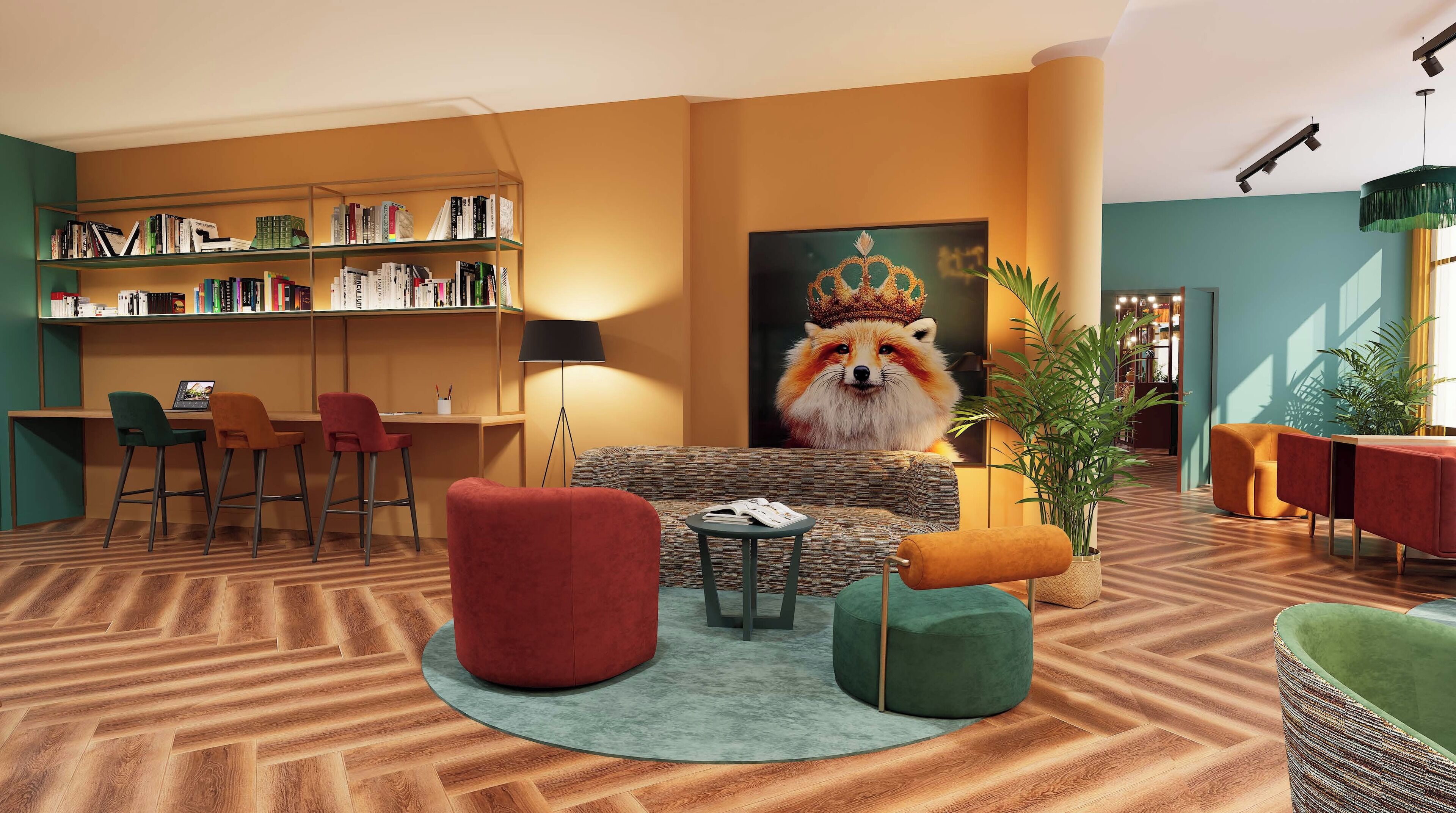 A modern lounge area with a sofa, chairs, a bookshelf, a lamp, and a large painting of a fox.