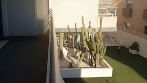 Un edificio moderno con techo plano, un pequeño jardín de cactus y un cielo despejado.