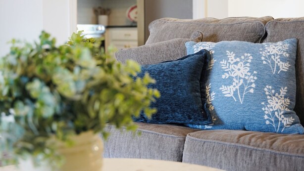 Een woonkamer met een grijze bank, een witte salontafel en een potplant.
