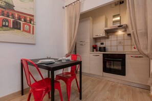 Fridge, oven, electric kettle, toaster