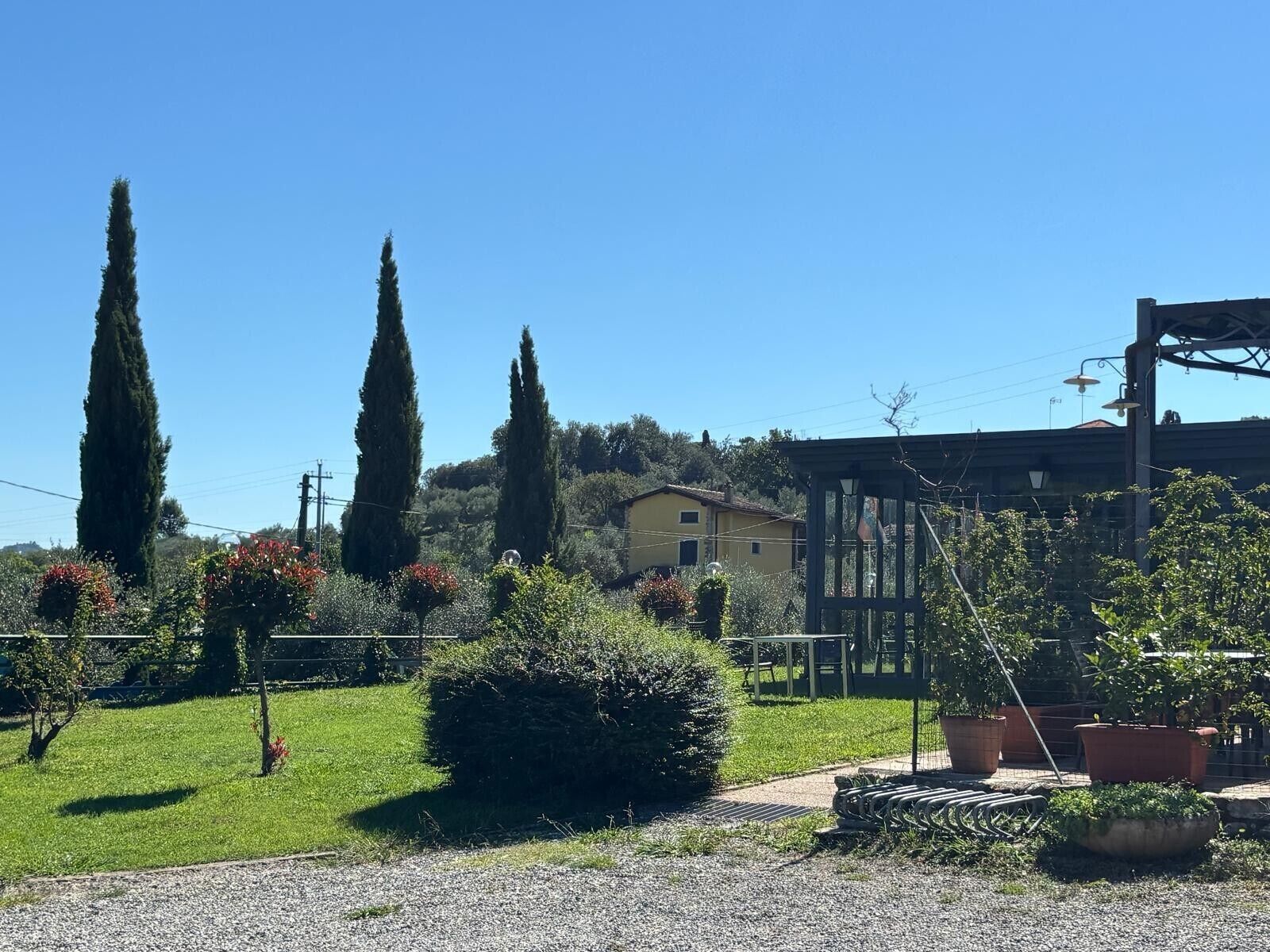 A garden with a pathway, a pergola, and a building in the background.