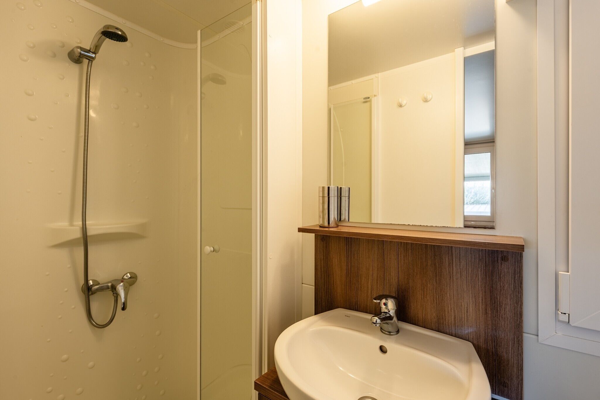 A bathroom with a shower, sink, and mirror.