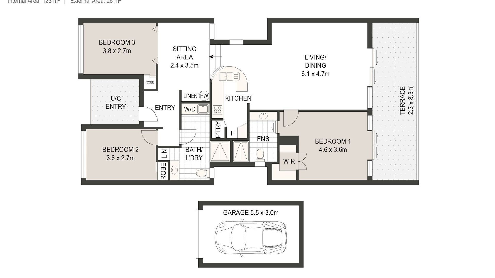 A floor plan of a house with two bedrooms, a kitchen, a sitting area, and a garage.