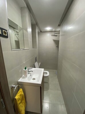 シャワー、タオル、石鹸、トイレットペーパー