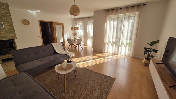 A modern living room with a sofa, a coffee table, a TV, and a fireplace. - Vacation apartment AU (Bitburg)