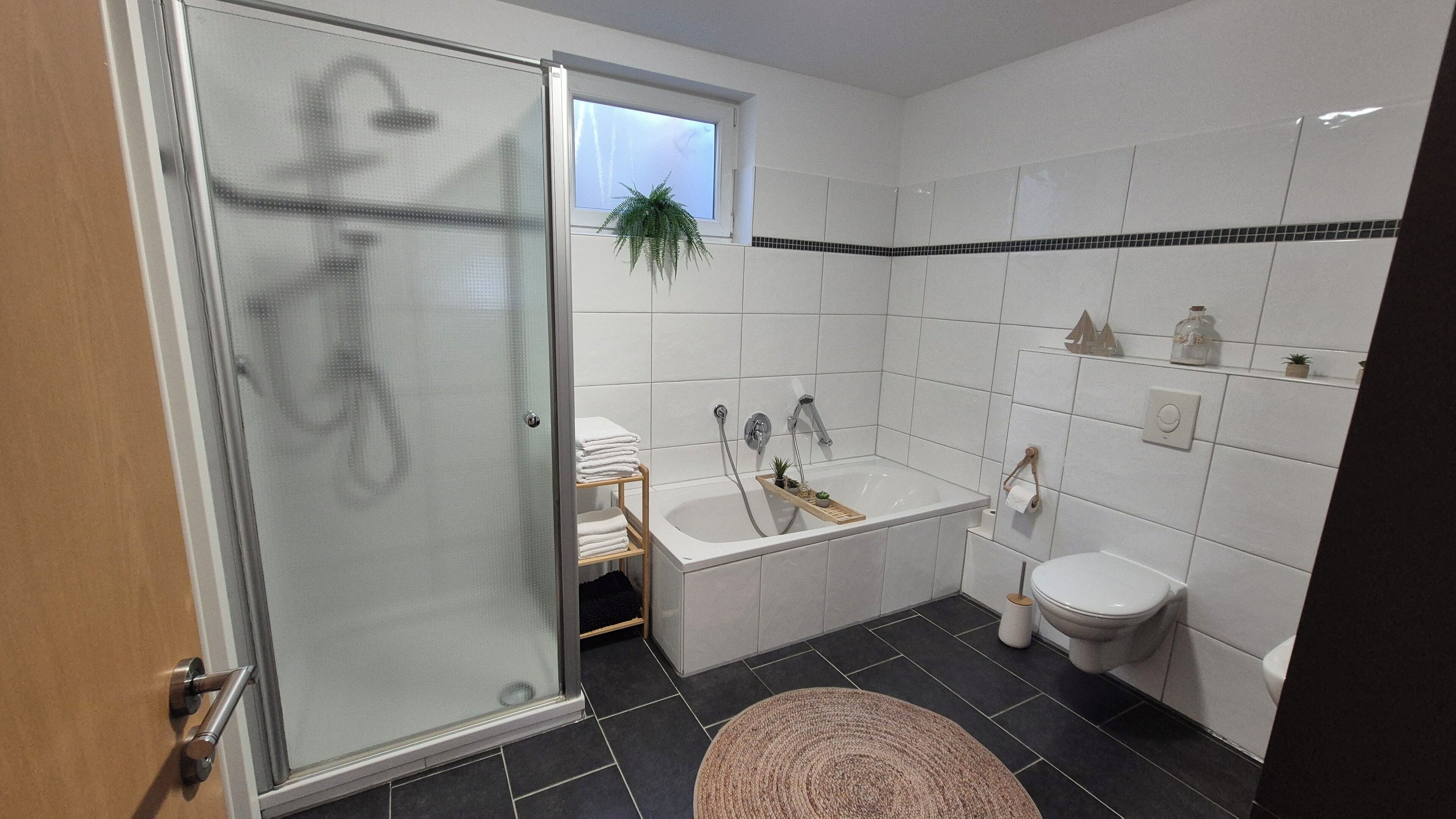 Hair dryer, towels, soap, toilet paper