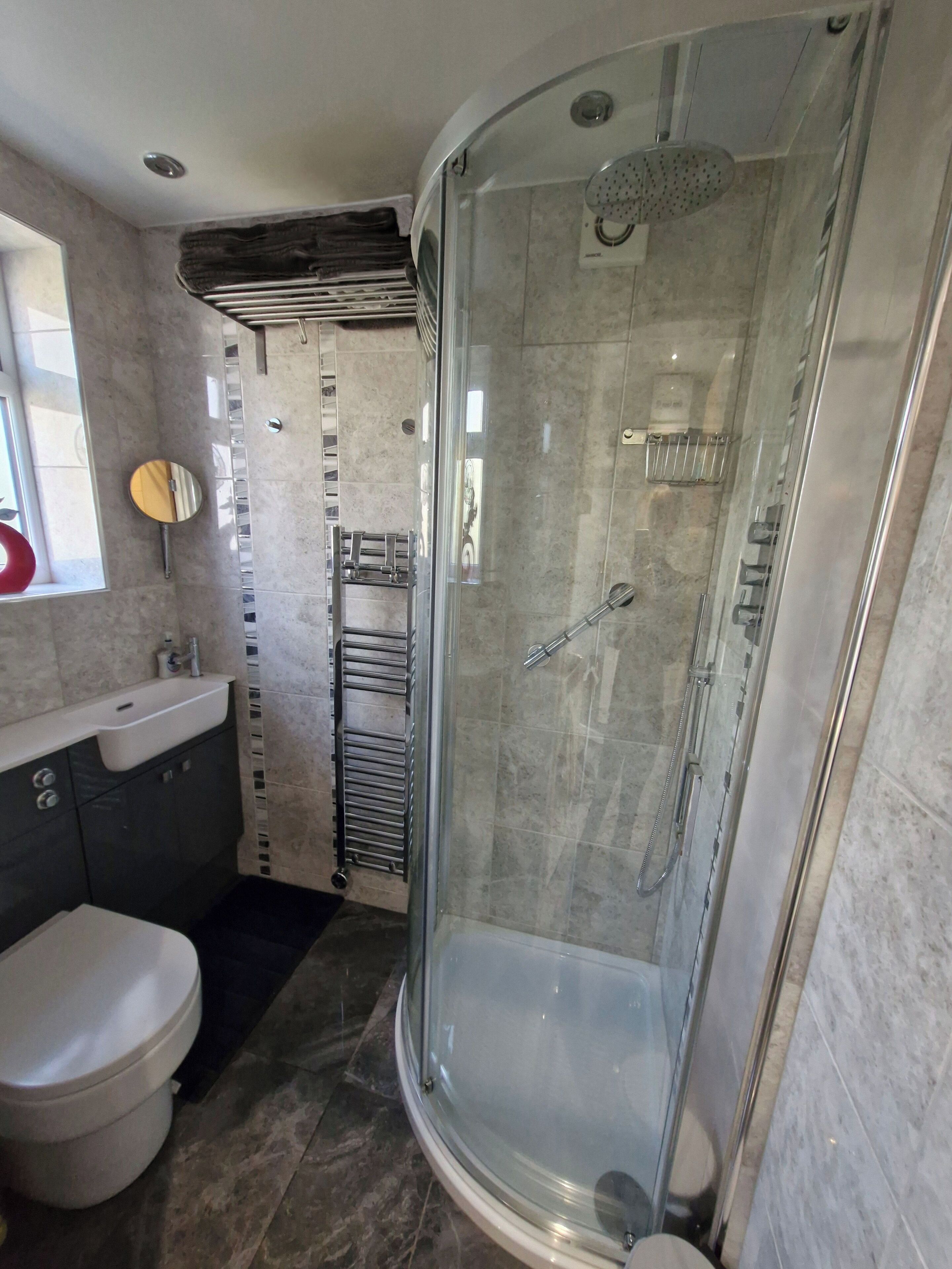 Hair dryer, towels, soap, toilet paper