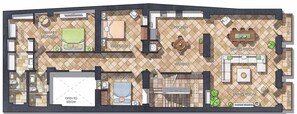 Ein Grundriss eines Hotels mit Hauptschlafzimmer, Gästezimmer, Küchenzeile, Esszimmer, Vorraum, Eingangsbereich, Bad und Wohnzimmer.