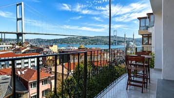 Un balcón con vistas a un puente, edificios y una mezquita.