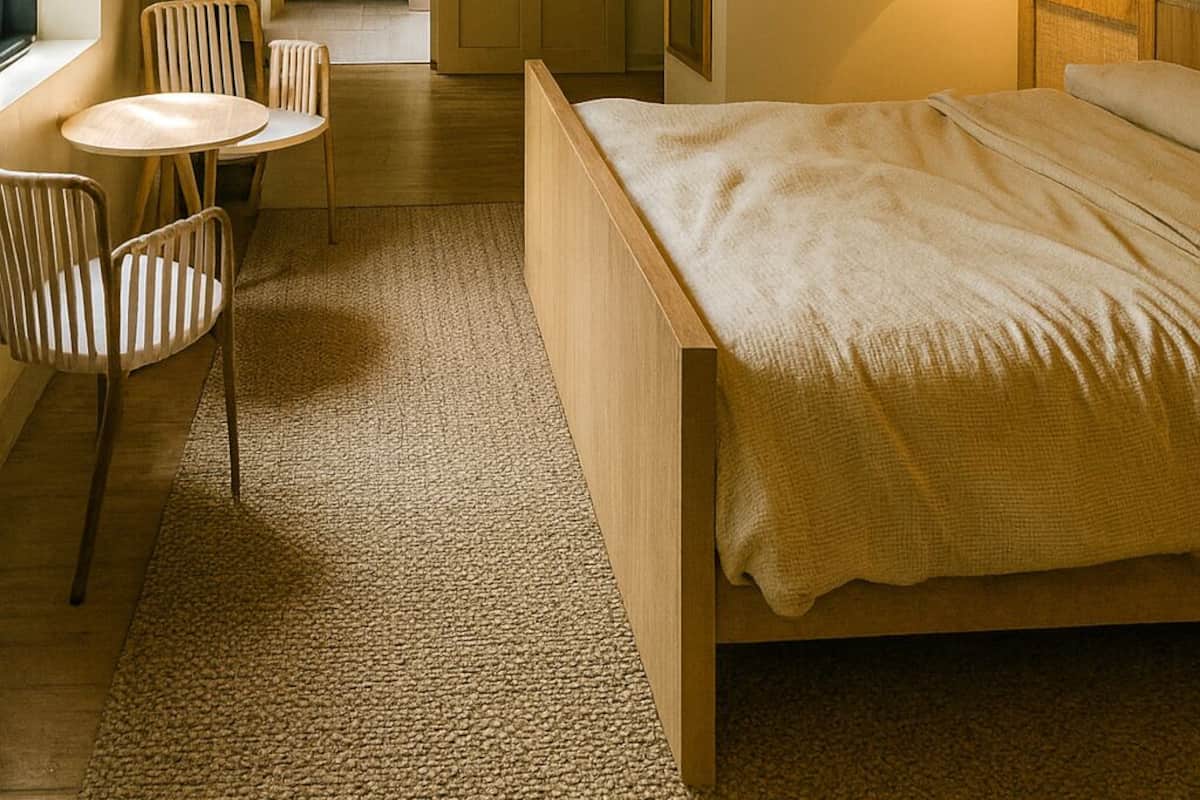 Ein Schlafzimmer mit einem hölzernen Bett, einem kleinen runden Tisch mit Stühlen, einer großen Kübelpflanze und Blick auf eine grüne Wand sowie eine Tür im Hintergrund.