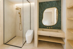 Hair dryer, towels, soap, shampoo