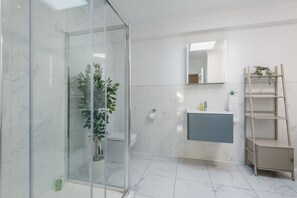 Ducha, secador de pelo, toallas, jabón