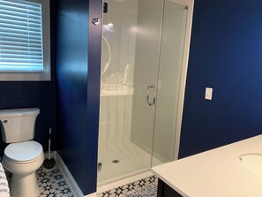 Shower, hair dryer, towels, toilet paper