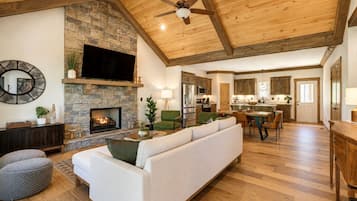 Smart TV, fireplace, books