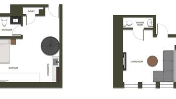 A floor plan of a hotel room with a bedroom, bathroom, closet, kitchenette, powder room, and living room.