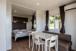 A compact room with a bed, a dining table, and a sofa.