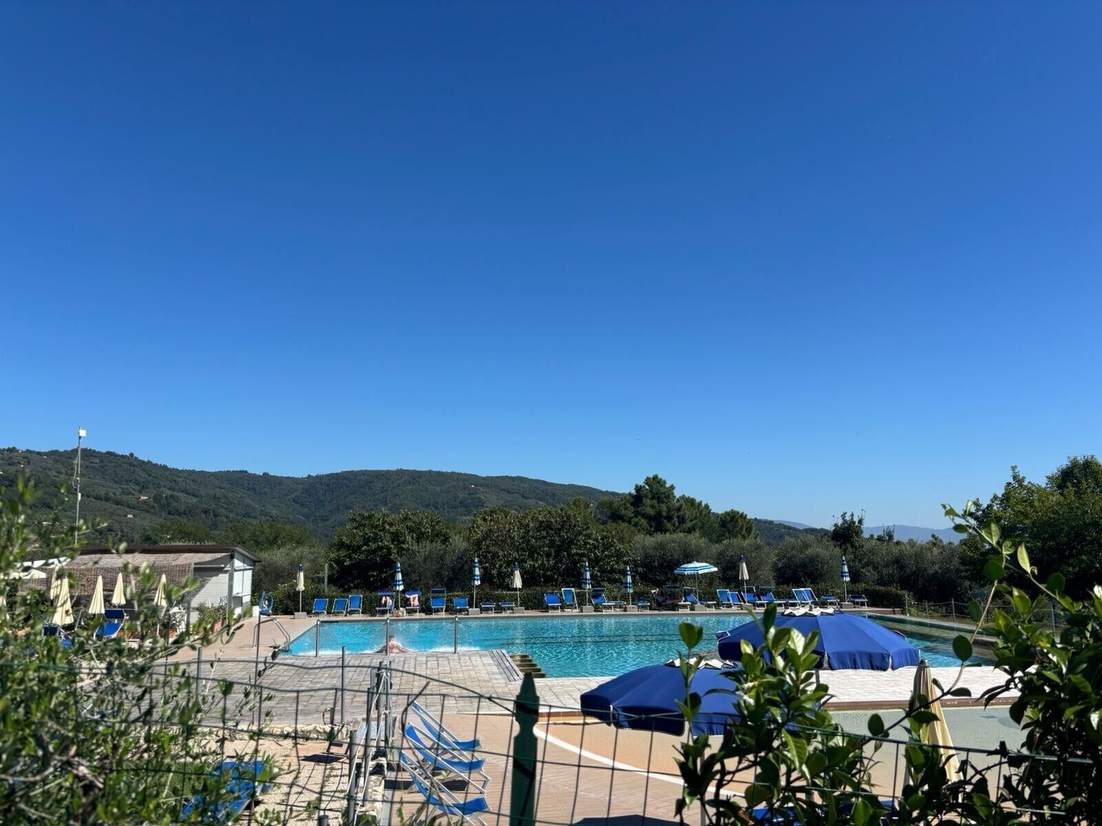 A pool area with lounge chairs and umbrellas, surrounded by greenery and hills in the background.