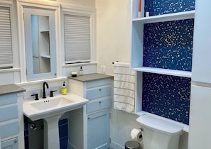 Hair dryer, towels, soap, toilet paper