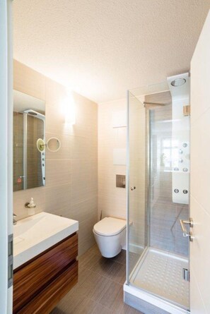 Hair dryer, towels, soap, toilet paper