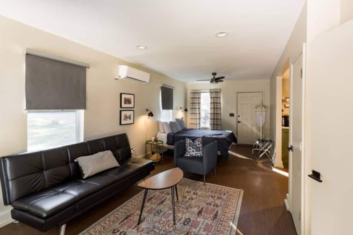 A modern living room with a black leather sofa, a small coffee table, and a patterned rug. There is a bed with a dark headboard and a window with curtains.