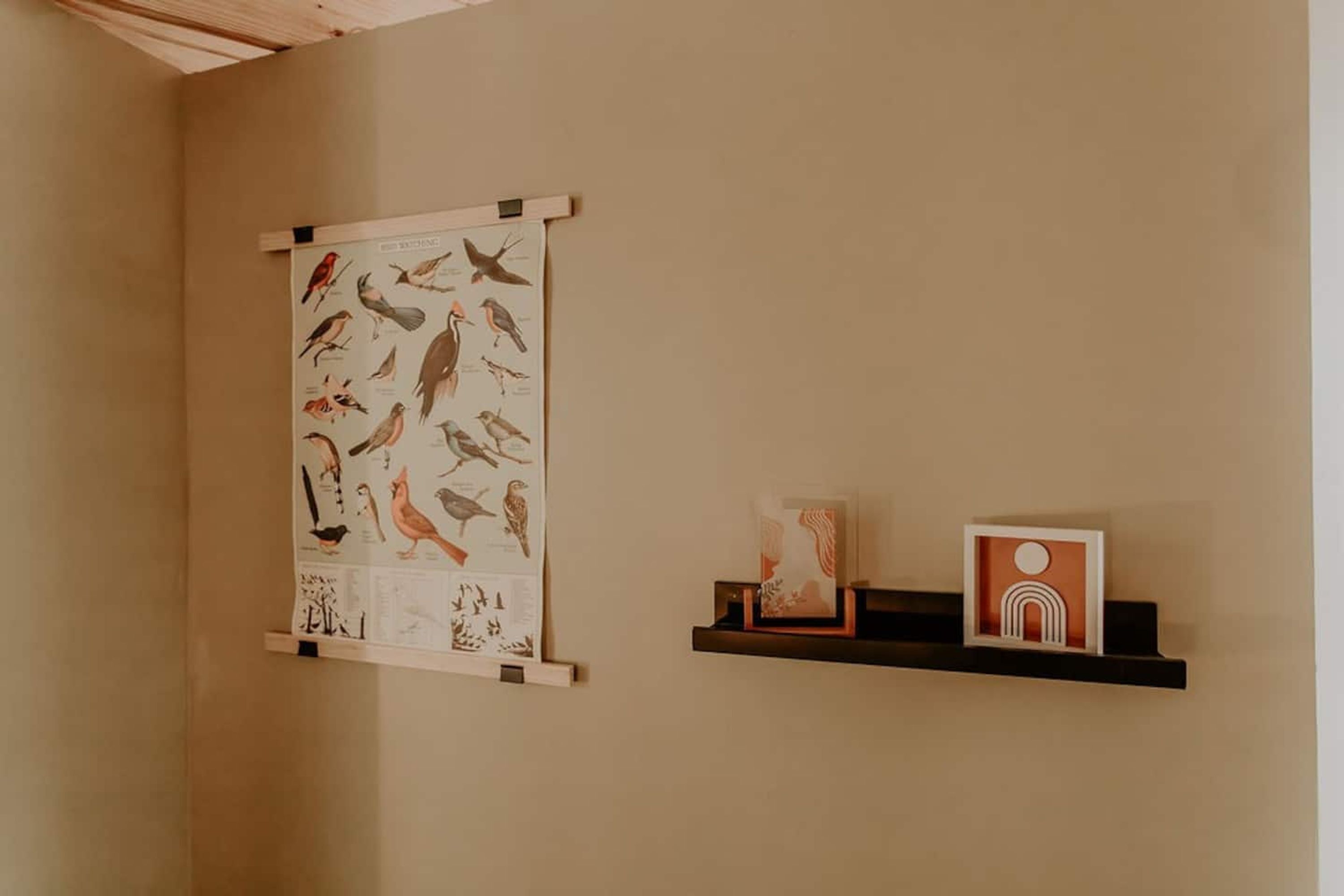 A wall with a bird illustration and two framed items on a shelf.
