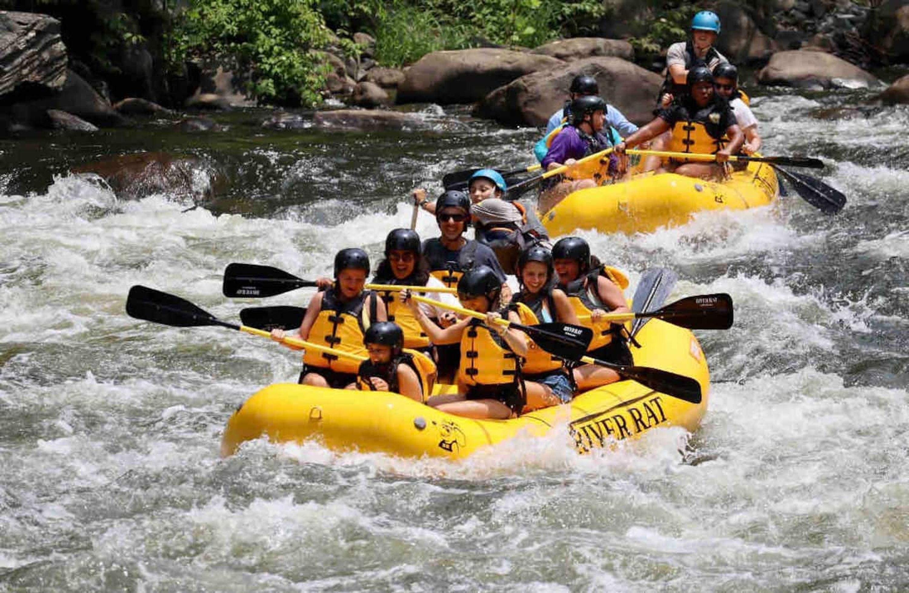A group of people in yellow inflatable rafts navigating a river.