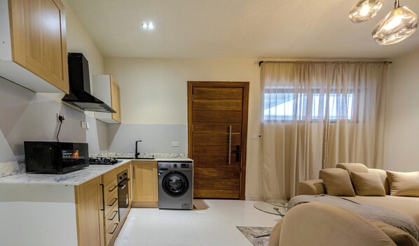 A compact living space with a kitchenette, a washing machine, a sofa, and a window with curtains. - Glassvine (Lagos)
