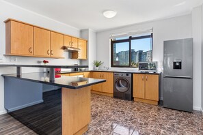 Fridge, microwave, oven, toaster