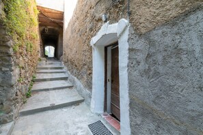 Una estrecha escalera de piedra que conduce a una puerta, con una reja metálica en la base.