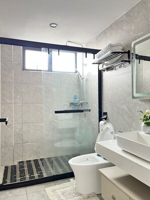 Hair dryer, towels, soap, toilet paper