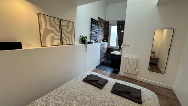 A modern bedroom with a large bed, a bedside table, a mirror, and a view into the bathroom. - Getaway 2 steps from the Loire - Loft Ligérien (Sandillon)