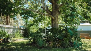 A tree with a swing hanging from its branches, surrounded by lush greenery and a wooden bench.