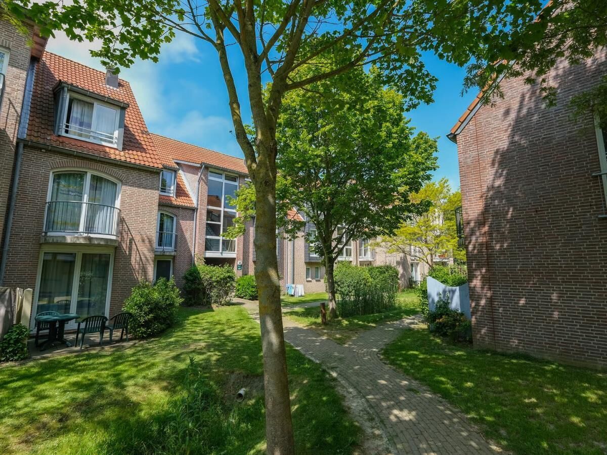 Un quartier résidentiel avec des immeubles en briques, un chemin pavé et une cour bordée d’arbres.