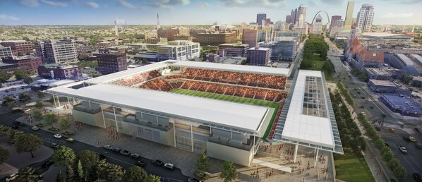 A modern stadium with a large seating area and a covered entrance.
