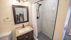 Une salle de bain avec une douche, un lavabo et un miroir.