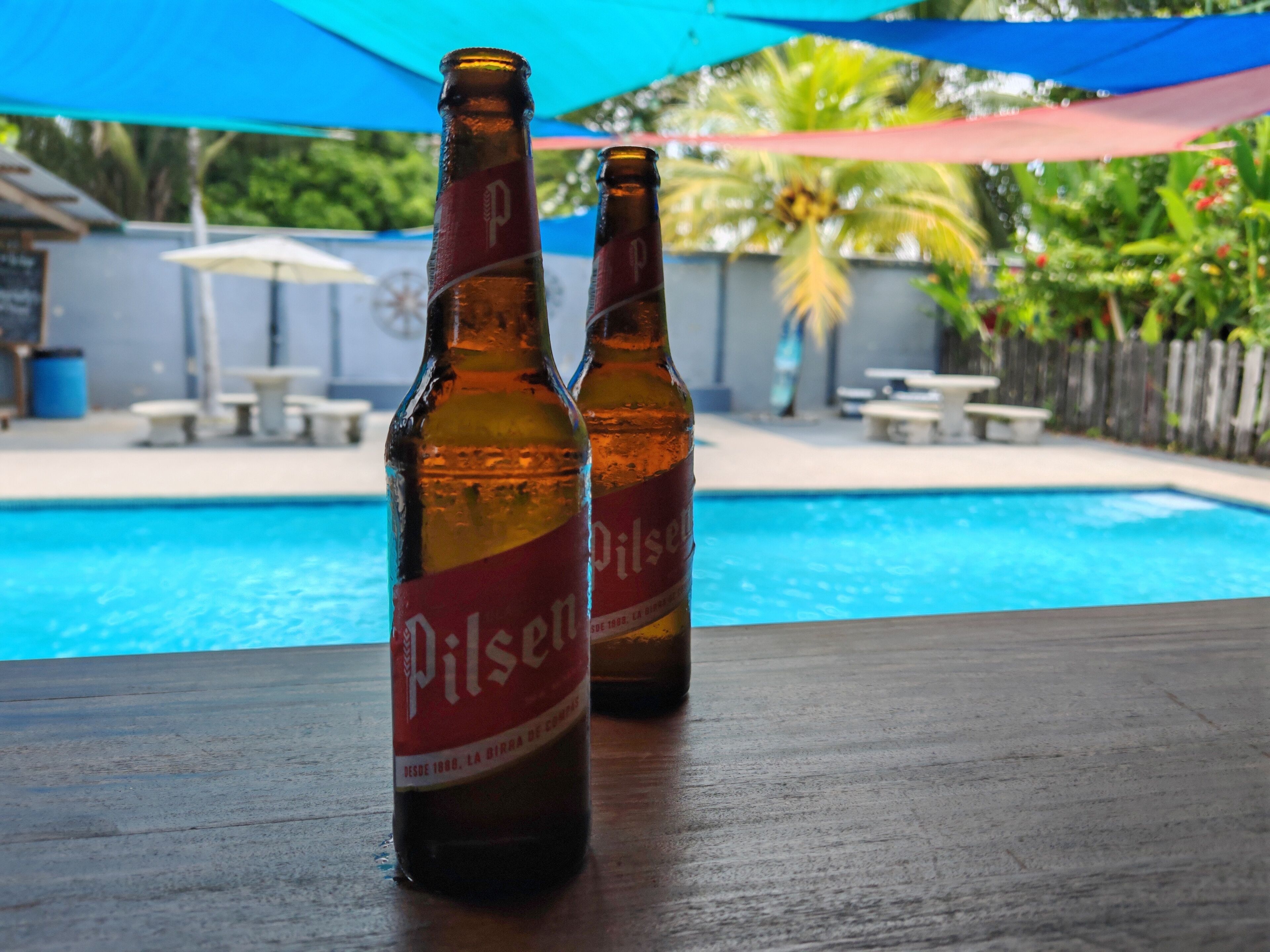 Dos botellas de cerveza Pilsner sobre una superficie de madera cerca de una piscina.