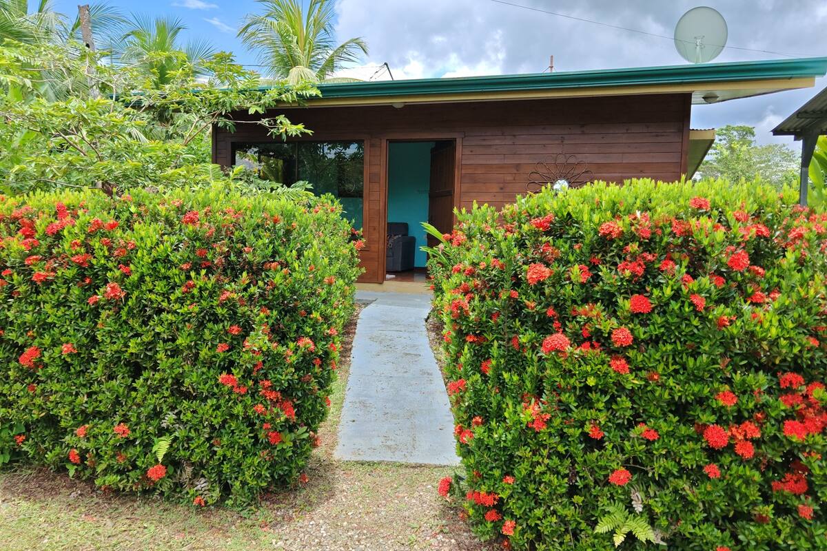 Un bâtiment en bois surmonté d’un toit végétalisé, entouré d’une végétation luxuriante et d’arbustes à fleurs rouges.