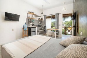 Premium bedding, desk, laptop workspace, free WiFi